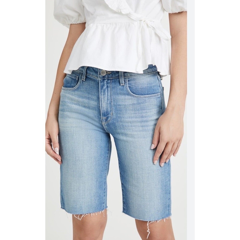 L'AGENCE Light Blue Denim Bermuda Shorts with Raw Hem